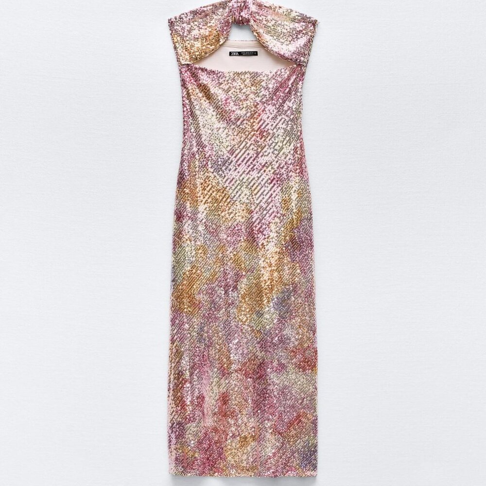 ZARA Sequin Knotted Halter Dress NWT